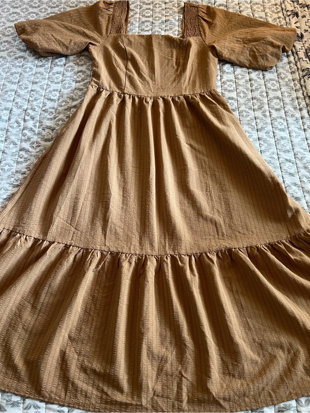 NWT Oddi Camel Puff Sleeve Square Neck Midi Boho Style Dress